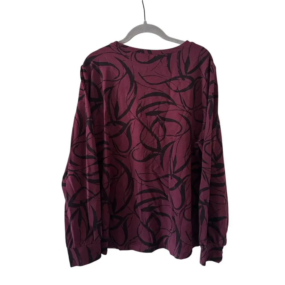 Chico’s Size 3 XL Burgundy Black Abstract Print Long Sleeve Knit Top Stretch - Picture 7 of 10